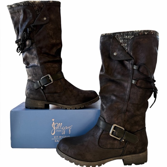 Jellypop Shoes - Jellypop Mid Calf Black Boots Riding Moto Buckle Slouchy Lace Up Winter Women’s